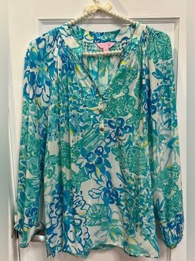 Lilly Pulitzer Elsa Silk Top - "In A Pinch" Blue/Teal Floral Print - Size S